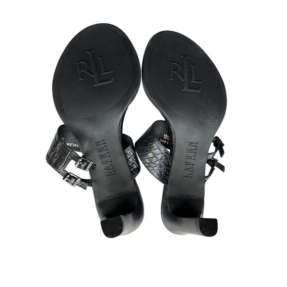 Lauren Ralph Lauren Black Leather Sandals Slip On GALAN Croc-Embossed Straps 8 - Picture 9 of 9
